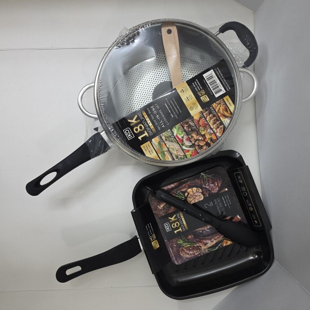 IKO 18K Signature Cookware Set 3.5 Qt Saute Pan Steamer 9.5 Grill Pan New